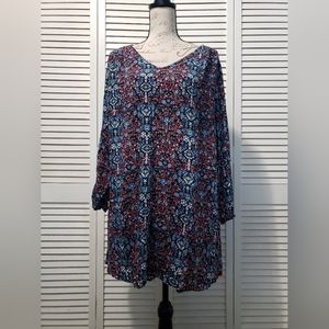 Lush V-Neck Tunic Dress Long Sleeve Hi~Low Blue & Red Floral Women's Size Large